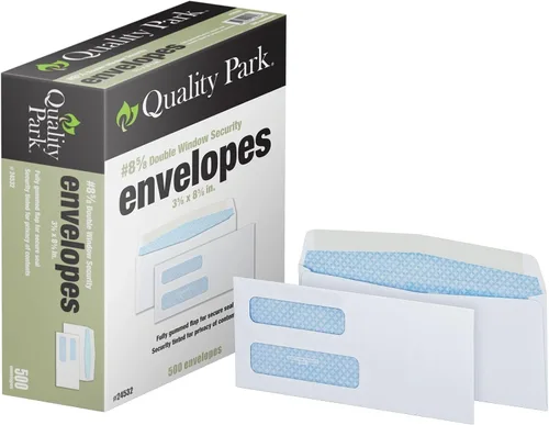 Quality Park® Sobres de doble ventana #8-5/8, sobres tintados de seguridad, 3-5/8 x 8-5/8, engomados, papel blanco de 24 libras, costuras laterales,
