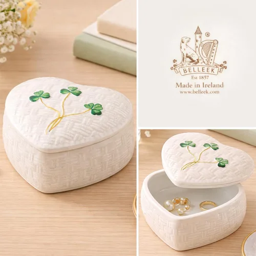 Miniatura 5 de Belleek Classic Kylemore - Caja de baratijas de 4.4 pulgadas, almacenamiento decorativo de porcelana Parian hecha a mano, decoración de trébol