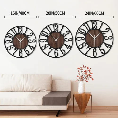 Miniatura 2 de 1st owned Reloj de pared para sala de estar - 33 cm Silencioso sin tictac, funciona con baterías, metal negro, relojes de pared de madera antigua