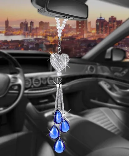 Miniatura 11 de Glamorosa decoración colgante de espejo de coche con cabeza de zorro azul oscuro, adorno de automóvil con temática animal para mujeres y hombres