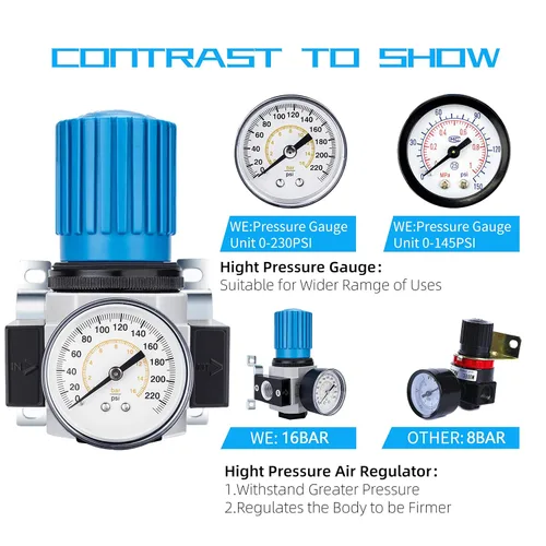 Miniatura 5 de NANPU Regulador de aire de alta presión NPT de 1/2" con manómetro protegido de acero, 141-SCFM 230Psi (LR-04)