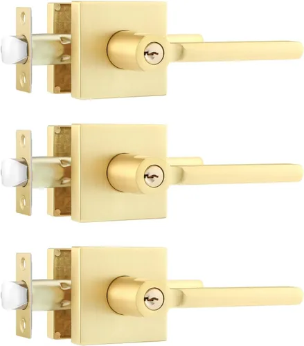 Leydebong Paquete de 3 pomos de entrada dorados con llave igual, manija de puerta de entrada resistente, estilo contemporáneo, herrajes modernos