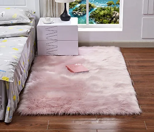 Miniatura 2 de Alfombra de piel sintética suave de lujo de piel de oveja esponjosa y lanuda para silla de dormitorio, sofá o para salón, color rosa bebé, alfombra