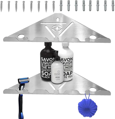 Miniatura 10 de Paquete de 2 estantes esquineros de ducha de acero inoxidable 304 de 10 pulgadas para ducha interior, organizador de ducha resistente con agujero
