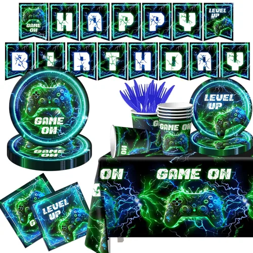 Suministros para fiesta de cumpleaños de videojuegos, 142 piezas de platos y servilletas de neón para videojuegos, mantel de plástico para niños,