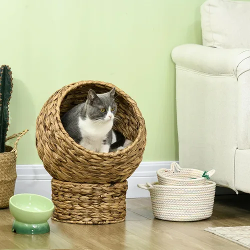 Miniatura 2 de PawHut Cama elevada tejida a mano para gatos con cojín suave y forma de silla de huevo, cama de cesta con soporte, casa de mimbre elevada para gatos