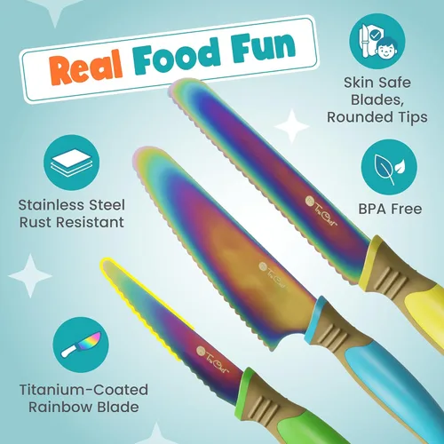 Miniatura 4 de TruChef Juego de cuchillos para niños para cocina real, juego de chef seguro para la piel para mayores de 3 años con cuchillas de arcoíris, tabla