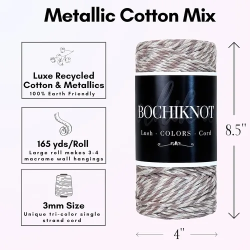 Miniatura 2 de BOCHIKNOT Cordón metálico de macramé, 0.118 in x 165 yardas, hilado con hilo dorado y plateado, ideal para manualidades de macramé, brillo de suero