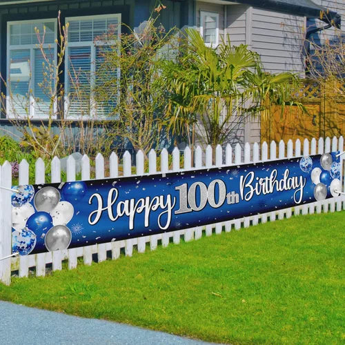 Miniatura 4 de Decoración de feliz cumpleaños número 100, globo azul y plateado número 100, cartel grande de telón de fondo de cumpleaños, suministros para fiesta