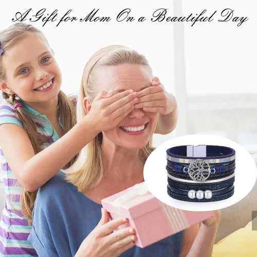 Miniatura 4 de Pulsera envolvente de cuero turquesa, pulseras de cuentas en capas para mujer, pulseras de plumas multicapa, pulsera bohemia occidental para mujer