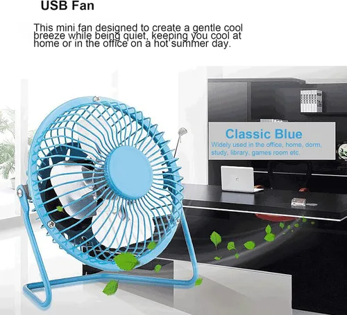 Miniatura 2 de Sokelinn-six Ventilador de escritorio USB pequeño de 4 pulgadas, mini ventilador de refrigeración personal silencioso de metal para el hogar, Azul