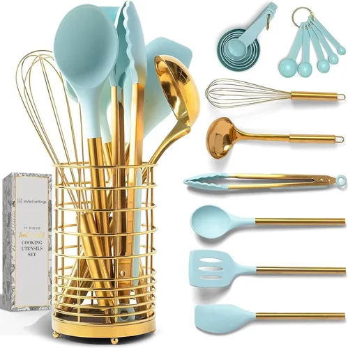 Miniatura 10 de Juego de utensilios de cocina de silicona y cobre blanco con soporte - 17 piezas de elegantes herramientas de cocina en color oro rosa para Blanco