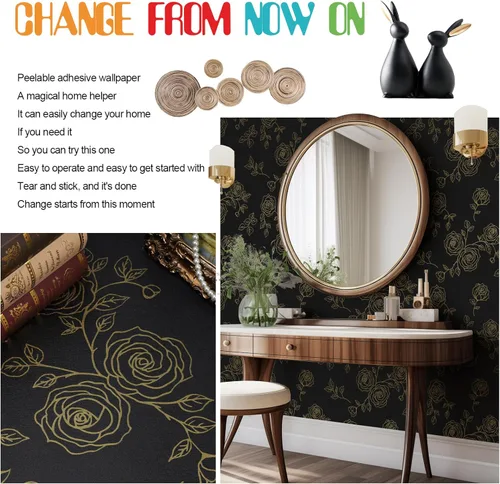 Miniatura 3 de Amiya Papel tapiz floral negro y dorado, línea de papel tapiz para despegar y pegar, estilo bohemio, retro, renovación de dormitorios, armarios