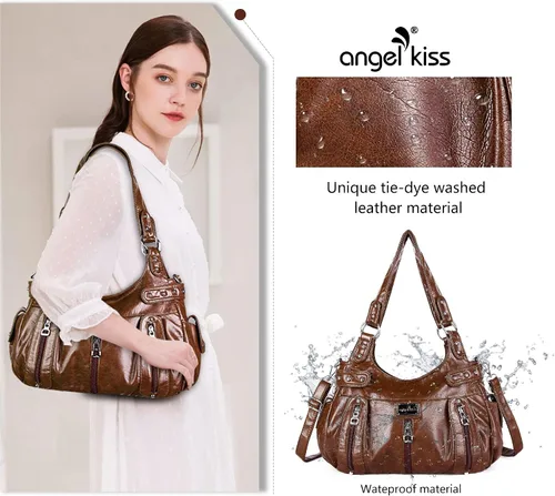 Miniatura 2 de Angelkiss Monederos grandes y bolsos para mujer, de piel sintética lavada, bolso cruzado de hombro