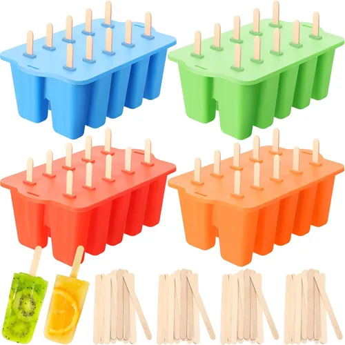 Hoolerry Juego de 4 moldes de silicona para paletas de hielo, moldes reutilizables para helado con 200 palos de madera, máquina de reventar de fácil