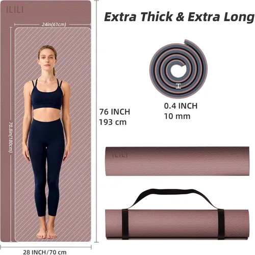 Miniatura 11 de ILILI Tapete de yoga 10mm extra grueso y 193cm extra largo, 76x28x0.4 pulgadas, material TPE antideslizante de doble color, fácil de transportar