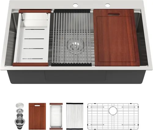 Miniatura 42 de Sarlai 15 Fregadero de Barra de 15x15 Pulgadas para Cocina, Fregadero de Barra de Acero Inoxidable de Calibre 16, Estación de Trabajo con Repisa