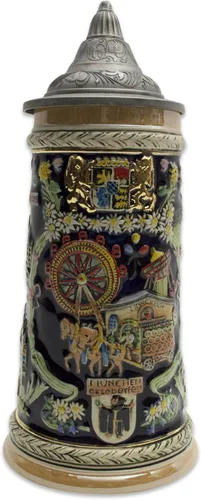 Essence of Europe Gifts OktoberfestHaus - Taza grande de cerveza con tapa de metal, pintada a mano, grabada a mano, con tapa de metal, 1 litro