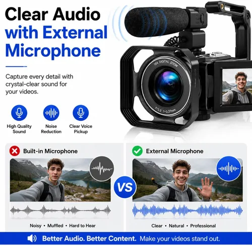 Miniatura 5 de Acuvar Videocámara 4K 60FPS 48MP con WiFi, zoom 18X, pantalla abatible, micrófono externo, estabilizador y trípode, kit de cámara de vlogging con 2