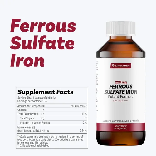 Miniatura 2 de Suplemento Líquido de Sulfato Ferroso para Adultos de Llorens Care - 220 mg en 5 ml de Suplemento de Complejo de Hierro para Anemia y Deficiencia