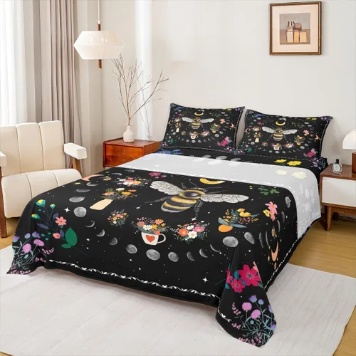 Miniatura 14 de Erosebridal Juego de sábanas de polilla de la muerte, diseño de calavera gótica, tamaño individual, juego de sábanas de flores botánicas con diseño