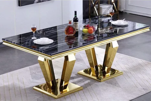 Miniatura 3 de ACEDÉCOR Juego de 4 mesas de comedor, mesa rectangular con parte superior textil, base geométrica de metal y 4 sillas de comedor de piel sintética