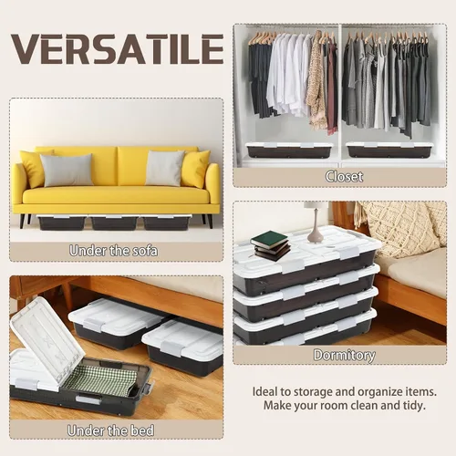 Miniatura 4 de Beeveer Contenedor de plástico para guardar debajo de la cama, 4 unidades, con tapa de doble apertura, asa de rueda, transparente, de gran Marrón