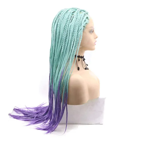 Miniatura 5 de Pelucas trenzadas azules con encaje frontal para mujeres negras, con micro trenzas trenzadas, color degradado, menta, verde, azul, morado, peluca