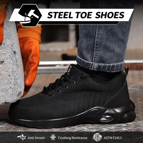 Miniatura 2 de GLANOUDUN Zapatos de punta de acero para hombre, zapatos de trabajo negros, zapatos de seguridad ligeros para hombres, zapatos de seguridad