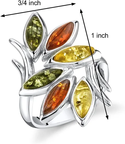 Miniatura 5 de PEORA Anillo de rama de hoja de ámbar báltico multicolor genuino para mujer, plata de ley 925, coñac rico, verde oliva, amarillo miel, talla 5