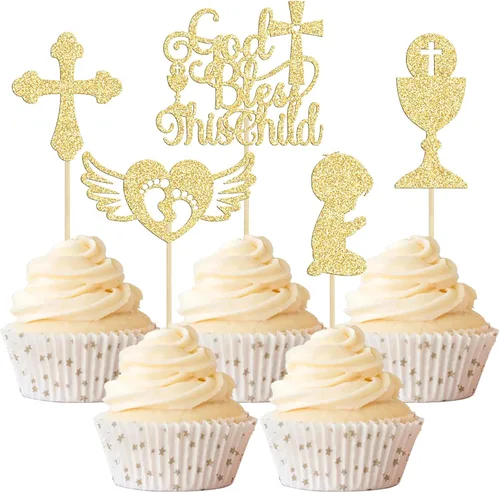 Miniatura 11 de Gyufise Decoración para pastel de primera comunión para bautismo cristiano, decoración religiosa de Dios bendiga Baby Shower para niños, decoración