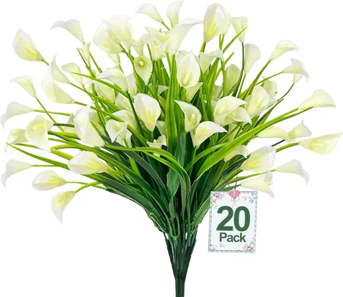 Miniatura 14 de TURNMEON 12 paquetes de flores artificiales de lirio de cala (240 cabezas), plantas falsas para exteriores, plantas falsas resistentes a los rayos