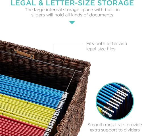 Miniatura 2 de Best Choice Products Archivador Rodante de Jacinto de Agua Tejido a Mano, Organizador de Archivos Móvil para Carpetas Colgantes con Tapa y Ruedas