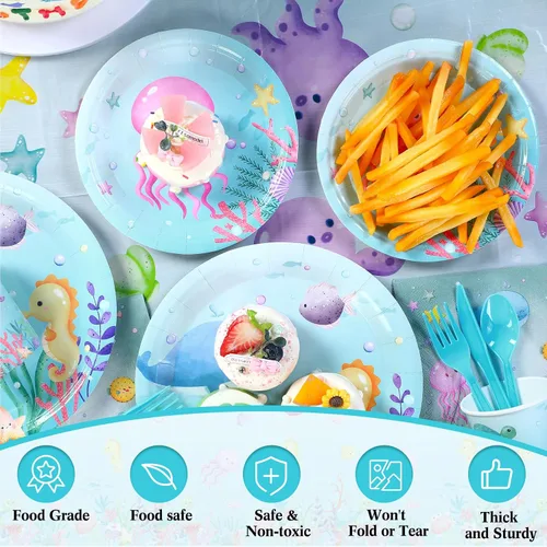 Miniatura 4 de Capoda 172 piezas temáticas oceánicas decoraciones de fiesta de cumpleaños subacuáticas suministros de fiesta para 24 incluye platos, servilletas