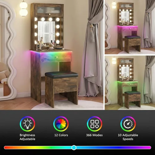 Miniatura 7 de ARTETHYS Escritorio pequeño con espejo y luces, tocador de maquillaje rústico pequeño con silla de almacenamiento, juego de mesa de maquillaje