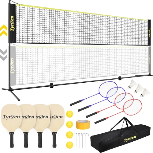Juego de red portátil de bádminton de pickleball de 17 pies, altura ajustable, red todo en uno con 4 paletas de pickleball 4 raquetas de bádminton,