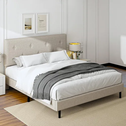 Miniatura 10 de Marco de cama de lino de tamaño matrimonial, marco de cama tapizado con cabecera ajustable, soporte de listones de madera, no necesita somier, fácil
