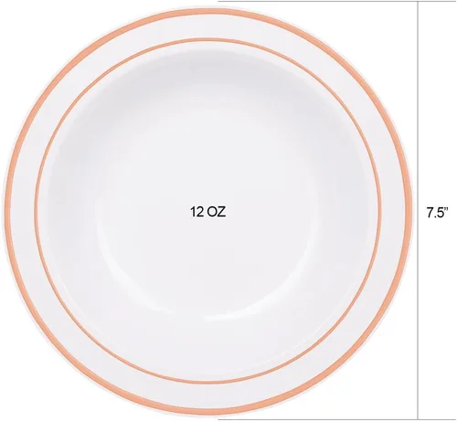 Miniatura 2 de WDF 60 cuencos de plástico desechables de 12 onzas, cuencos de ensalada con ribete de oro rosa, platos de plástico resistentes de alta calidad