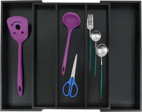 Miniatura 7 de Utoplike Organizador de cajones de cubiertos de bambú, organizador de cajones de utensilios de cocina expandibles, separadores de bandeja de Negro