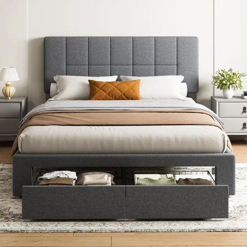 Miniatura 10 de Marsail Base de cama de tamaño matrimonial con cabecero, resistente y duradera con 12 patas de soporte, capacidad de 1300 libras, cabecera tapizada