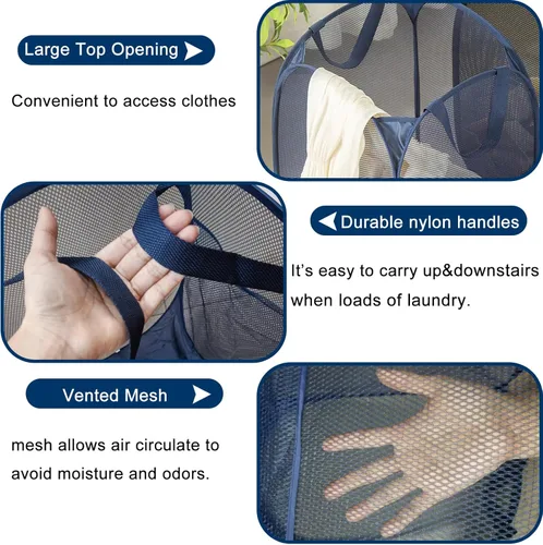 Miniatura 2 de Cestas plegables de malla para la ropa sucia, cesta portátil para ropa sucia, cestas de almacenamiento plegables (azul, paquete de 2)