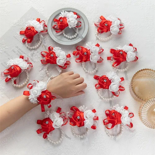 Miniatura 6 de 12 unids/lote mujeres novia novia dama de honor muñeca ramillete seda rosa perlas niñas boda mano flores decoración fiesta (verde)