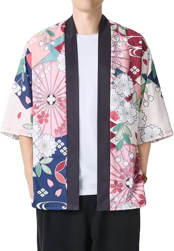 Miniatura 27 de PRIJOUHE Chaqueta Kimono Ligera para Hombre de Manga Tres Cuartos con Frente Abierto Cárdigan Estilo Japonés