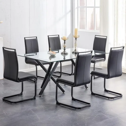 Miniatura 25 de Juego de mesa de comedor de cristal para 6,71 pulgadas, mesa de comedor para 6, mesa de cocina rectangular grande de vidrio templado y 6 sillas