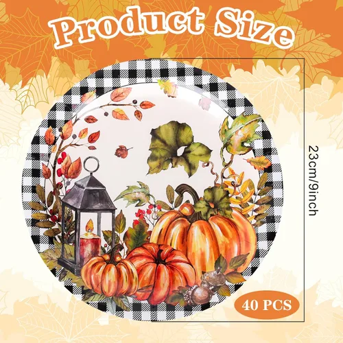 Miniatura 2 de Whaline 40 platos de papel de otoño de 9 pulgadas, platos desechables de acuarela de calabaza a cuadros para granja, Acción de Gracias, boda, fiesta