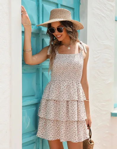 Miniatura 7 de Ellakoko Vestido de verano casual tipo babydoll para mujer, lindo vestido floral con lazo en el hombro escalonado con lunares suizos fruncidos