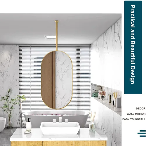 Miniatura 6 de Espejos de baño para tocador, espejo dorado montado en el techo con marco de metal y barra para colgar en el techo, espejo de pared decorativo