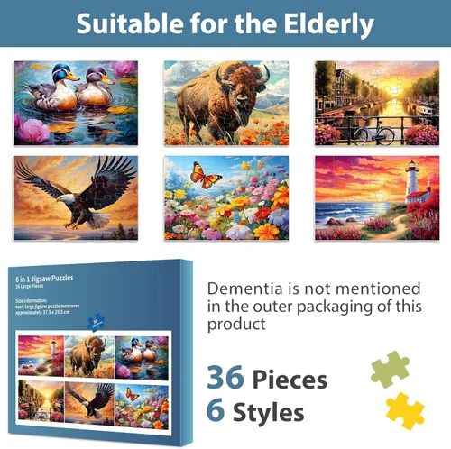 Miniatura 7 de Paquete de 6 rompecabezas grande de 36 piezas para personas mayores, rompecabezas de demencia, Alzheimer, productos y actividades para adultos