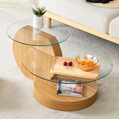 Miniatura 18 de Mesa de centro de vidrio de 35.4 pulgadas, mesa de centro redonda pequeña, mesa de vidrio templado de 2 niveles con base de madera, mesa central