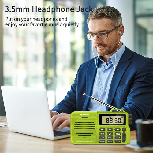 Miniatura 7 de Radio AM/FM portátil, grabadora de radio digital, altavoz Bluetooth 5.0, función de alarma y sueño, pantalla de hora de 12/24 horas (amarillo verde)